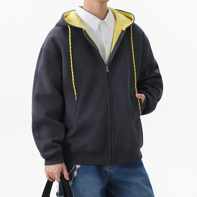 冈哉 美式学院风撞色拼接双色彩绳重磅连帽开衫小众基础款立体剪裁落肩宽松休闲百搭卫衣 男女同款