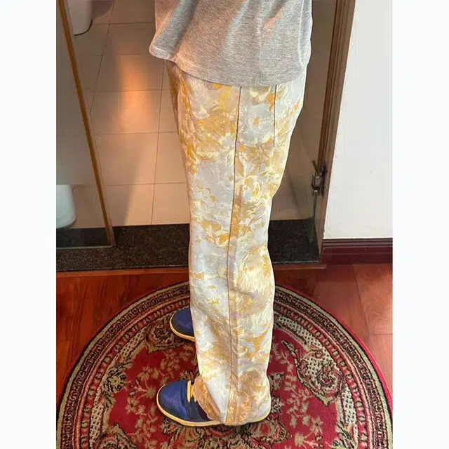 冈哉 美式潮流潮牌水墨泼墨满印印花撞色高街纽扣设计垂感窄版宽松直筒时尚日系个性日常通勤弯刀纯色基础款休闲牛仔裤 男女同款