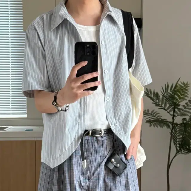 冈哉 弯弧下摆条纹织带拼接创意个性设计简约舒适基础款松弛慵懒感外套上衣宽松休闲百搭短袖衬衫 男女同款