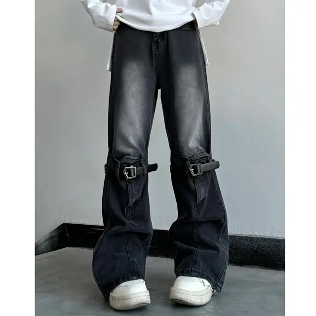 冈哉 美式高街潮牌破洞立体皮带拼接设计水洗做旧宽松舒适百搭直筒个性痞帅户外日常通勤阔腿拖地牛仔裤 男女同款