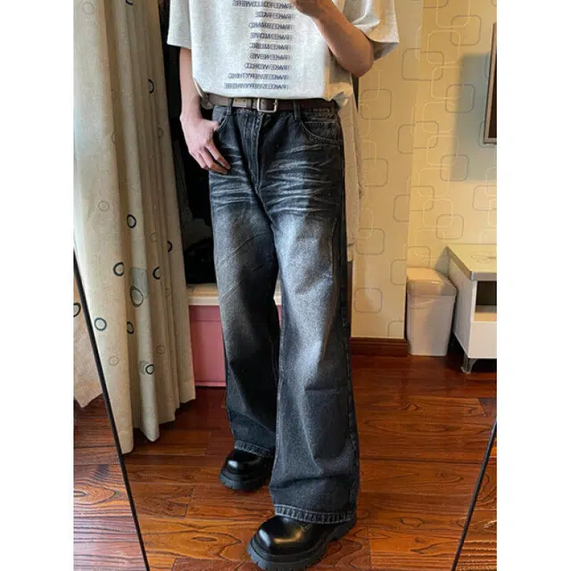 冈哉 美式高街复古个性水洗闪电猫爪压褶褶皱做旧渐变设计穿搭百搭基础款休闲潮流潮牌垂感直筒嘻哈街头痞帅牛仔裤 男女同款