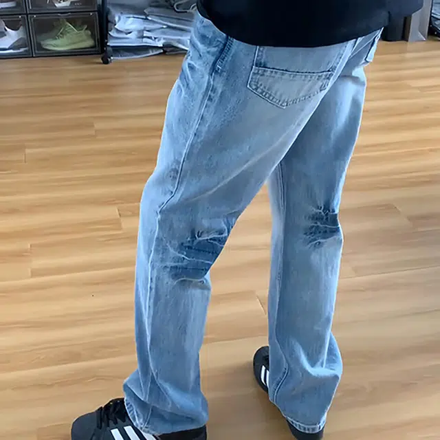冈哉 美式高街潮流复古潮牌小众猫爪痕闪电纹设计个性重水洗阔腿做旧弯刀百搭痞帅垂感宽松直筒日常通勤牛仔裤 男女同款