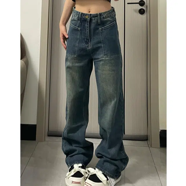 冈哉 美式复古水洗做旧大口袋设计时尚潮流百搭宽松舒适显高显瘦日常通勤休闲直筒牛仔裤 男女同款
