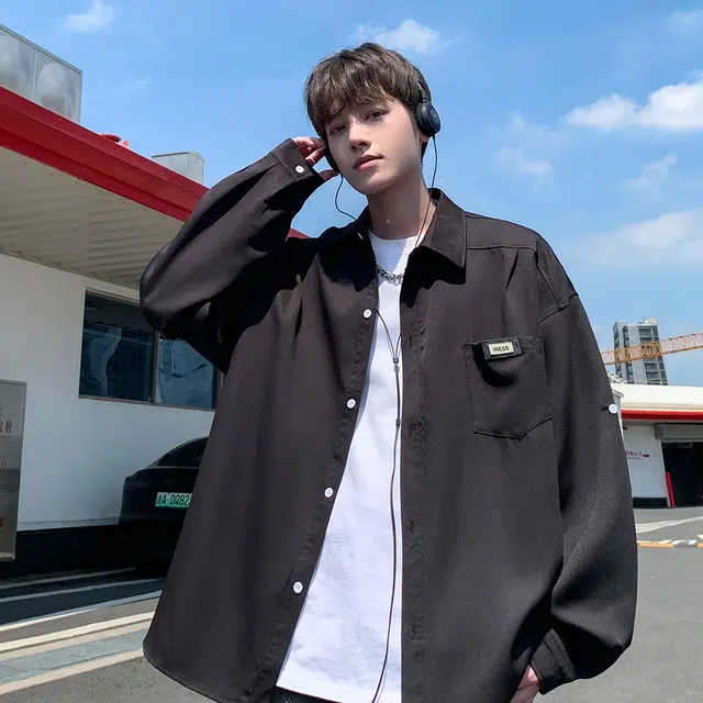 冈哉  美式古着经典纯色休闲翻领口袋宽松显瘦廓形开衫情侣衬衣春秋款长袖单排扣基础款叠感穿潮搭垂感痞帅舒适打底衬衫 男女同款