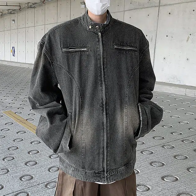 冈哉 废土风双拉链解构拼接做旧设计美式复古高街痞帅潮流舒适百搭宽松休闲立领落肩牛仔外套 男女同款