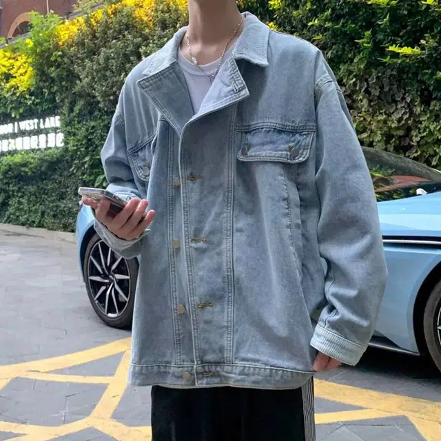 冈哉 水洗机车风纯色做旧设计美式重工复古痞帅高街做日中性风百搭休闲开衫牛仔外套 男女同款