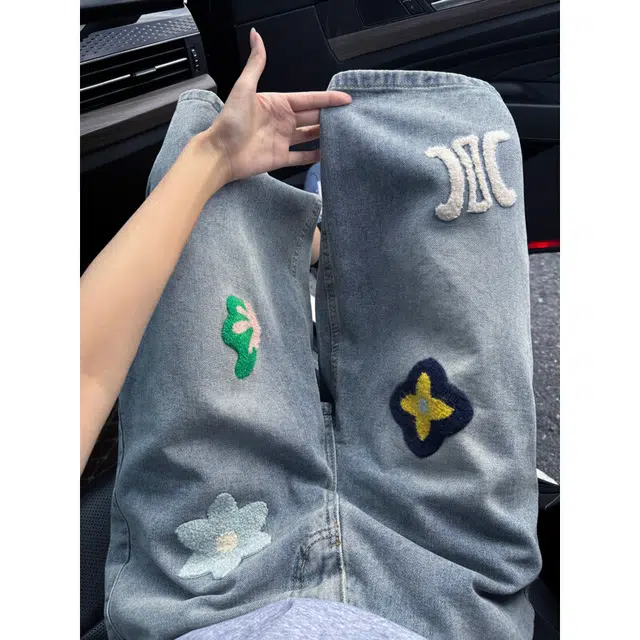 冈哉 美式复古做旧水洗卡通刺绣宽松透气简约舒适时尚百搭通勤休闲牛仔短裤 男女同款