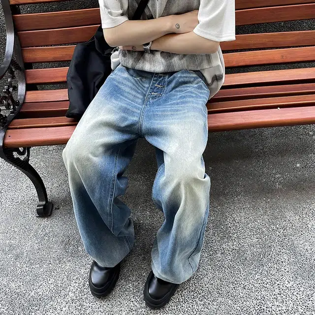 冈哉 美式高街复古个性水洗做旧磨破渐变设计穿搭百搭基础款显高显瘦休闲潮流潮牌垂感弯刀嘻哈街头痞帅牛仔裤 男女同款