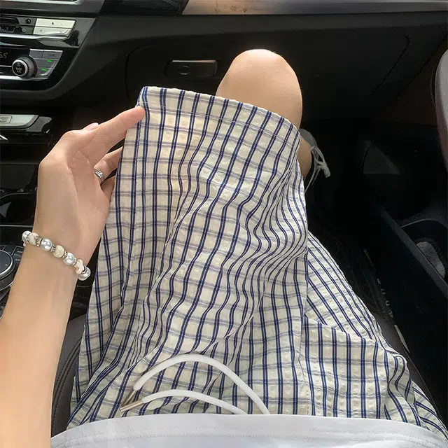 冈哉 美式个性高街格子格纹泡泡纱肌理基础款百搭款高级感潮牌阔腿拖地裤舒适透气直筒宽松通勤短款遛弯裤休闲短裤 男女同款