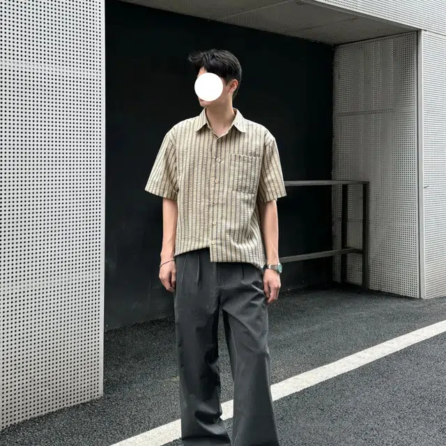 冈哉 韩版日系潮流个性百搭垂感时尚竖条纹复古舒适基础款短袖痞帅衬衣慵懒感外套上衣宽松翻领纽扣衬衫 男女同款