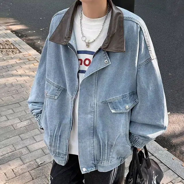冈哉 解构拼接大口袋撞色翻领设计美式复古水洗做旧宽松日常通勤休闲运动百搭牛仔外套 男女同款