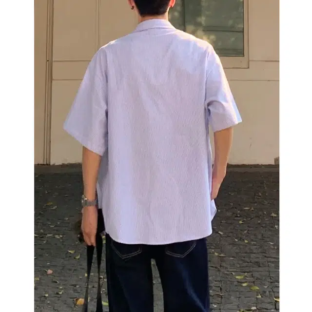冈哉 冰丝凉感设计感条纹翻领衬衣时尚潮流无性别主义休闲宽松垂感薄款短袖衬衫 男女同款