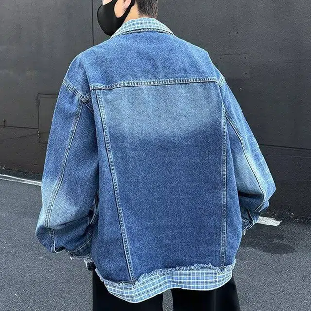 冈哉 格子假两件拼接翻领设计美式复古做旧工装潮流时尚街头百搭舒适夹克牛仔外套 男女同款