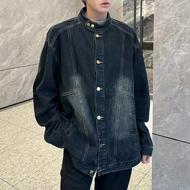 冈哉 解构纽扣拼接立领做旧设计美式高街复古水洗基础款痞帅宽松休闲舒适百搭牛仔外套 男女同款
