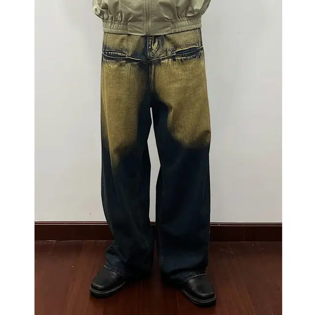 冈哉 美式复古渐变解构分割拼接水洗做旧设计时尚百搭潮流休闲日常通勤痞帅嘻哈街头直筒阔腿牛仔裤 男女同款