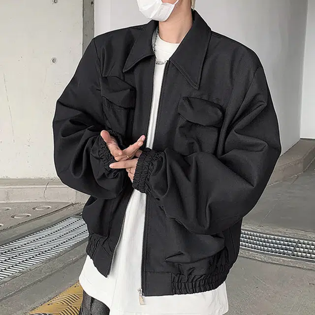 冈哉 朋克风多口袋纯色翻领拉链短款设计美式复古高街潮流工装日常通勤百搭宽松休闲夹克外套 男女同款