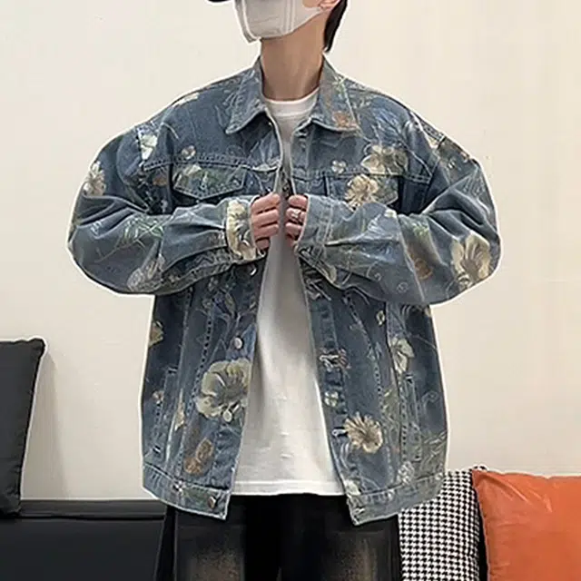 冈哉 美式高街满印花灰撞色拼色设计复古做旧翻领时尚潮流宽松百搭休闲夹克牛仔外套 男女同款
