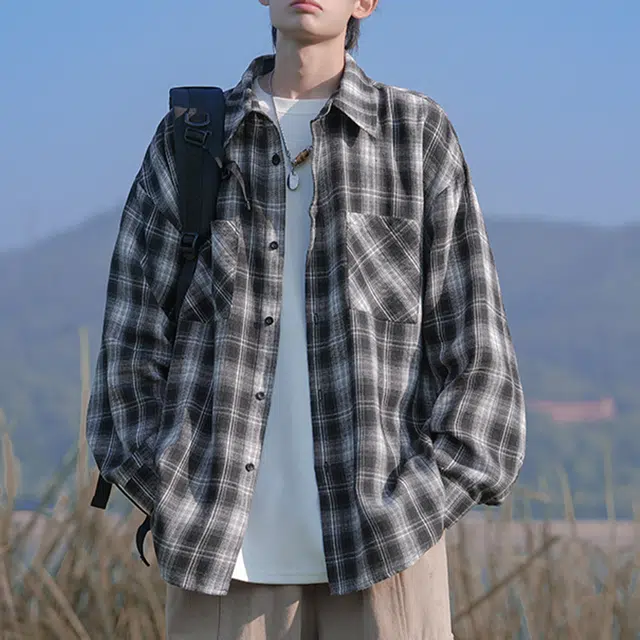 冈哉 撞色格纹翻领衬衣美式复古学院风休闲宽松轻薄凉感慵懒落肩单排扣氛围感长袖衬衫 男女同款