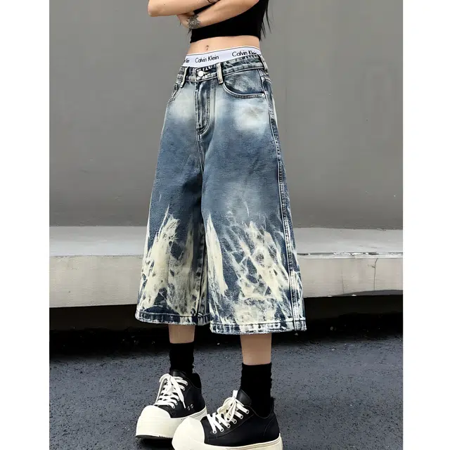 冈哉 美式街头扎染闪电纹设计水洗做旧嘻哈风宽松高腰阔腿百搭舒适休闲七分裤牛仔短裤 男女同款