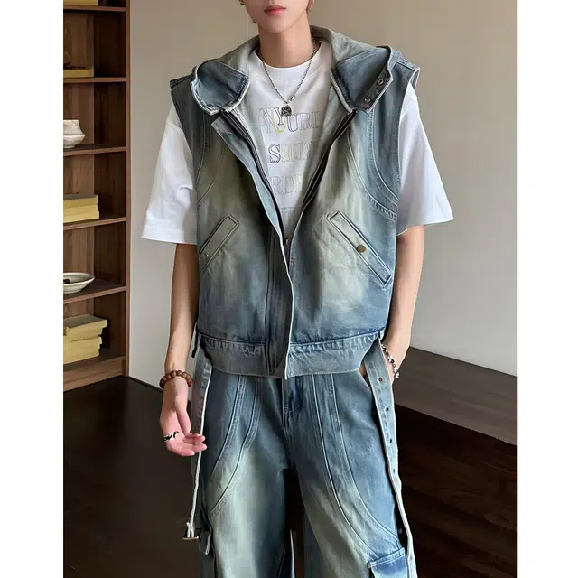 冈哉 美式复古水洗做旧连帽马甲小众设计感休闲透气百搭拉链无袖牛仔外套 男女同款