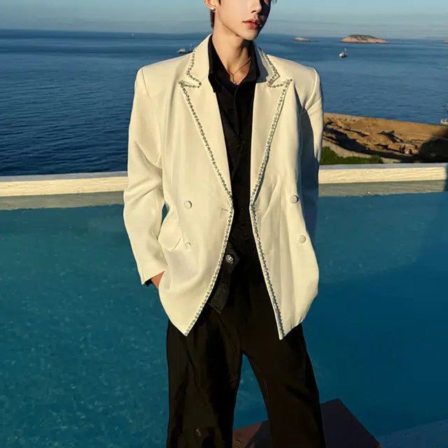冈哉 美式潮流个性白色西服外套领边手工绣珠领垫肩休闲夹克春秋季纽扣宽松百搭舒适高街通勤西装  男女同款