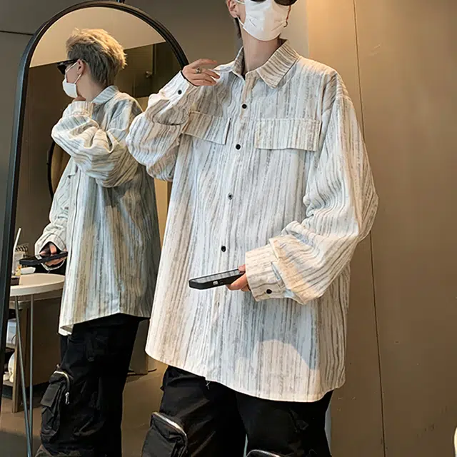 冈哉 美式韩版休闲潮流百搭垂感时尚灯芯绒印花纹理纽扣设计外套少年感空调舒适基础款打底内搭潮搭长袖衬衫 男女同款