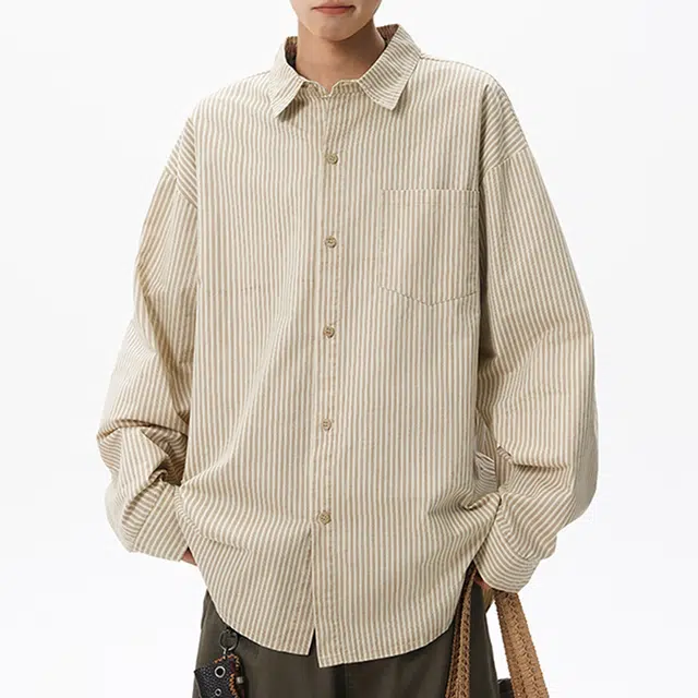 冈哉 美式复古简约基础款条纹做旧设计时尚潮流舒适透气百搭宽松休闲落肩翻领长袖衬衫 男女同款