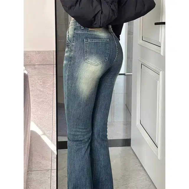 冈哉 美式高街复古个性水洗做旧紧身有弹穿搭百搭基础款休闲潮流潮牌垂感直筒嘻哈街头痞帅喇叭裤牛仔裤 男女同款