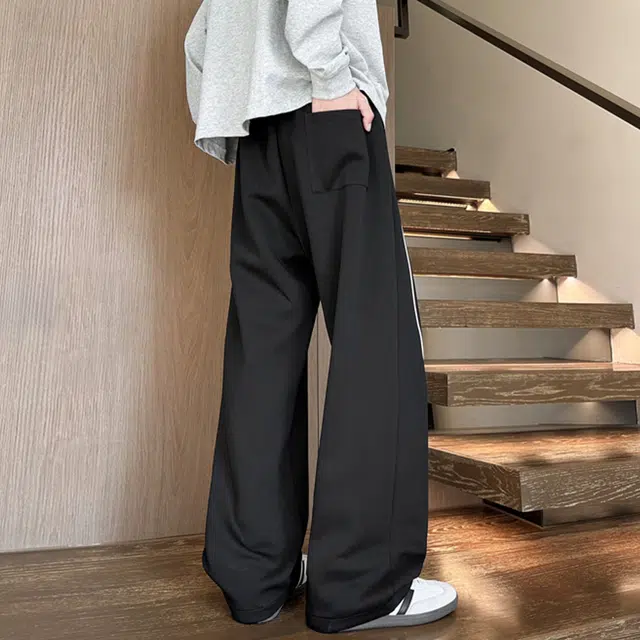 冈哉 撞色反光线条拼接纯色简约基础款美式潮流宽松百搭直筒阔腿高街运动卫裤休闲裤 男女同款