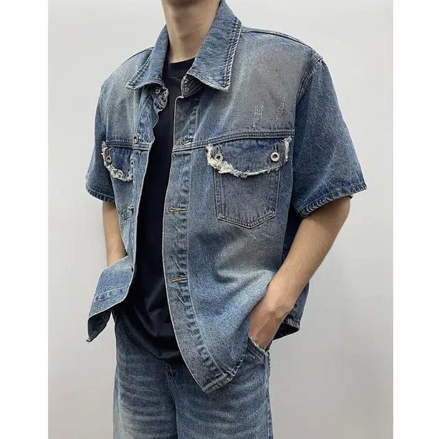 冈哉 美式复古水洗做旧毛边流苏牛仔衬衣高街痞帅宽松休闲翻领工装短袖衬衫 男女同款
