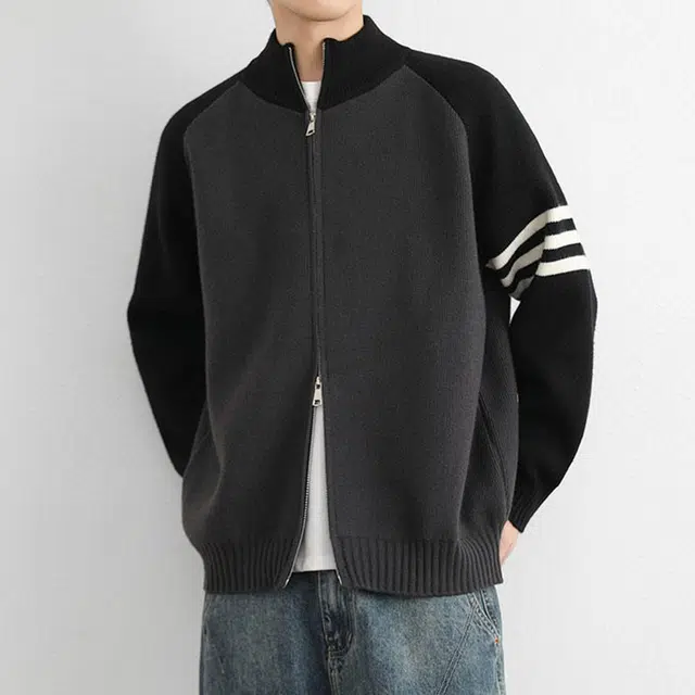 冈哉 三条杠拼接撞色开衫美式复古条纹学院风金属拉链宽松休闲百搭户外运动通勤垂感舒适立领针织衫 男女同款