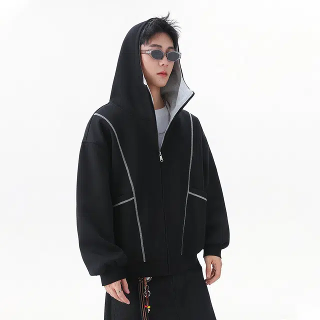 冈哉 反缝线解构拼接立领开衫设计美式潮牌嘻哈高街基础机能风百搭宽松休闲时尚卫衣 男女同款