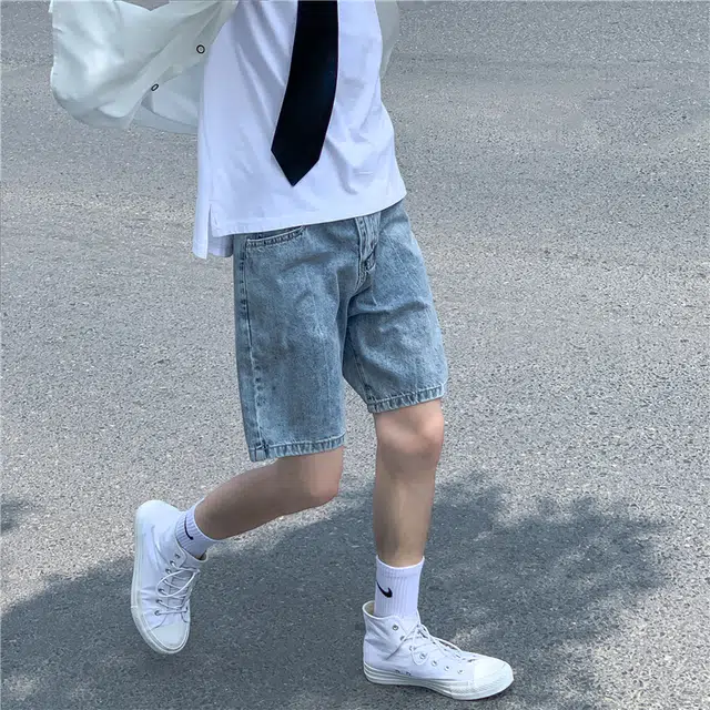 冈哉 美式复古个性潮流做旧水洗宽松阔腿五分裤透气清爽凉感简约舒适时尚百搭通勤休闲牛仔短裤 男女同款