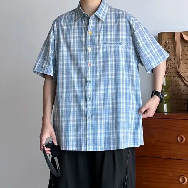 冈哉 美式复古格子拼接彩色纽扣设计简约小众格纹基础百搭通勤休闲宽松短袖衬衫 男女同款