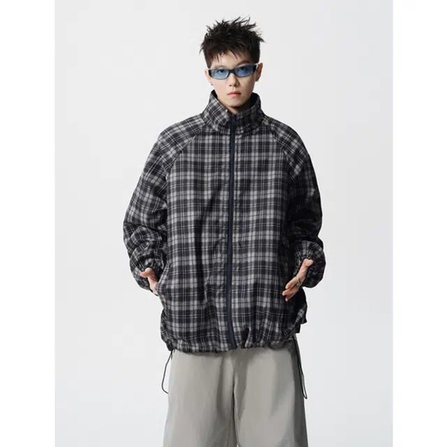 冈哉 美式复古经典三条杠格子两面穿翻领痞帅个性潮流潮牌时尚慵懒感日常通勤柔软舒适亲肤机车飞行夹克 男女同款