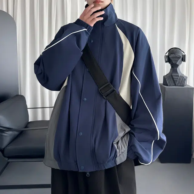 冈哉 织带拼接撞色立领多拉链设计美式潮流时尚舒适百搭宽松休闲运动上衣夹克外套 男女同款