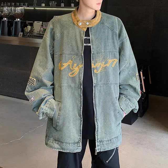 冈哉 解构拼接字母图案刺绣个性设计美式复古水洗做旧高街痞帅时尚百搭日常通勤慵懒休闲牛仔外套 男女同款