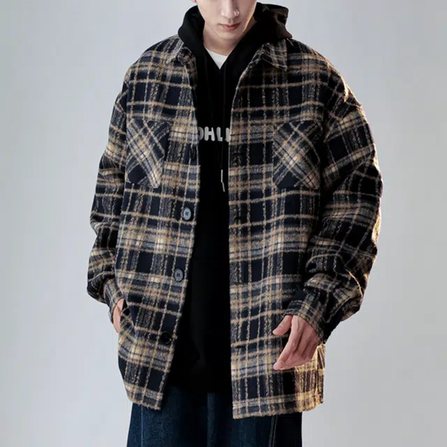 冈哉 多彩格子拼接小香风衬衣外套单排扣翻领设计美式复古日常通勤百搭户外休闲学院风长袖衬衫 男女同款