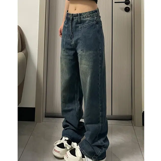 冈哉 美式复古水洗做旧大口袋设计时尚潮流百搭宽松舒适显高显瘦日常通勤休闲直筒牛仔裤 男女同款