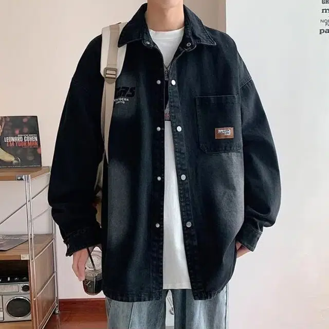 冈哉 美式复古潮牌水洗做旧印花贴标翻领开衫高街棒球日常百搭休闲宽松痞帅个性潮流牛仔外套 男女同款