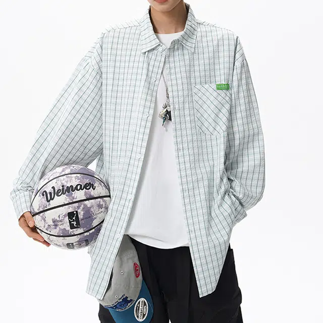 冈哉 泡泡纱条纹格子衬衣美式复古时尚潮流宽松休闲百搭日常穿搭慵懒松弛感简约长袖衬衫 男女同款