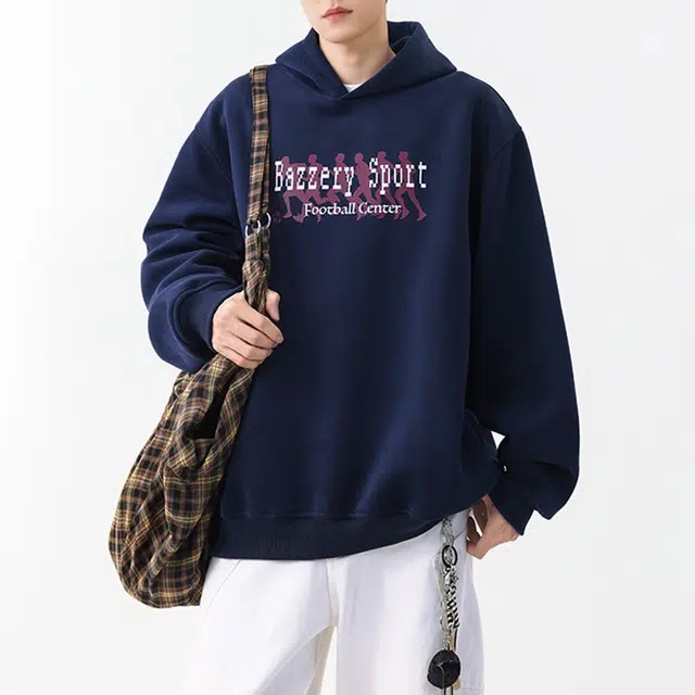 冈哉 美式学院风个性印花连帽上衣纯色简约落肩袖时尚舒适百搭休闲宽松长袖卫衣 男女同款