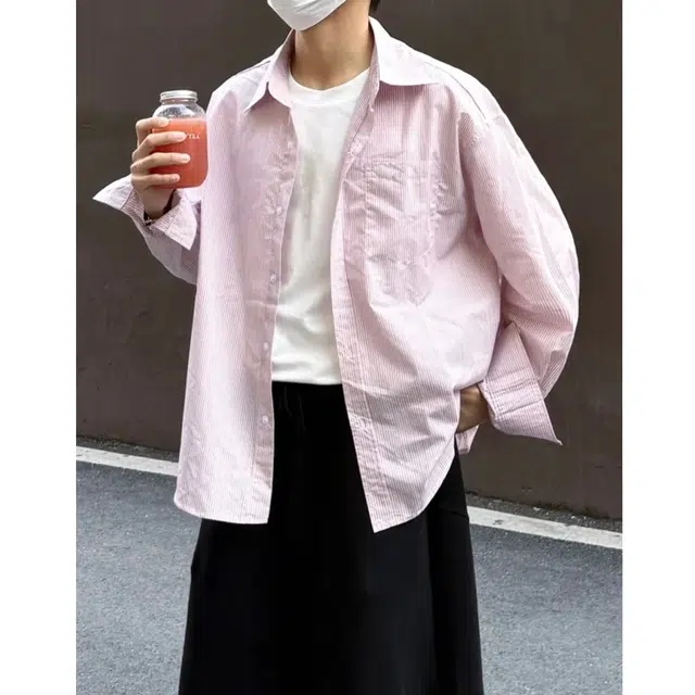 冈哉 美式潮流粉色竖条纹文艺衬衣翻领落肩袖单排扣设计简约舒适透气休闲百搭无性别主义长袖衬衫 男女同款
