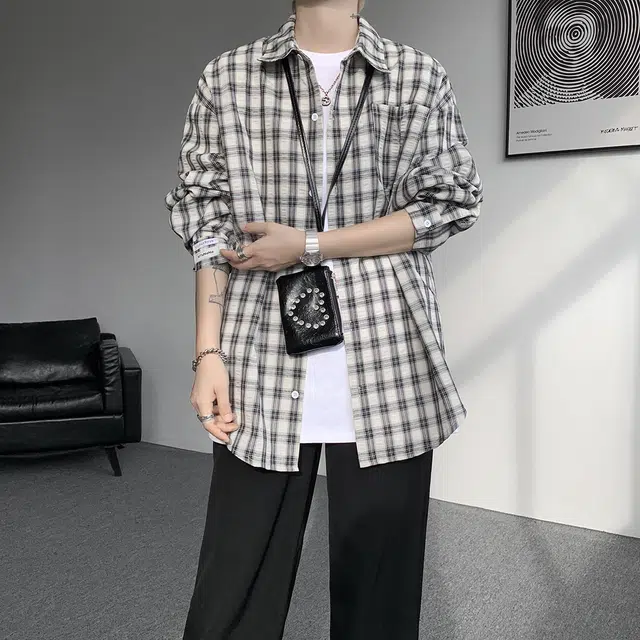 冈哉 美式基础款长袖秋款大码格纹垂感痞帅衬衣设计防晒宽松开衫外套少年感空调舒适打底内搭潮搭衬衫 男女同款