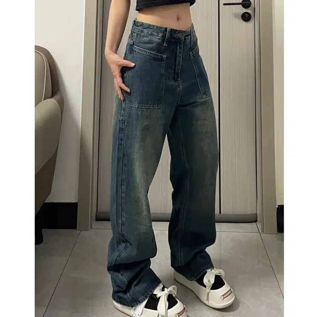 冈哉 美式复古水洗做旧大口袋设计时尚潮流百搭宽松舒适显高显瘦日常通勤休闲直筒牛仔裤 男女同款