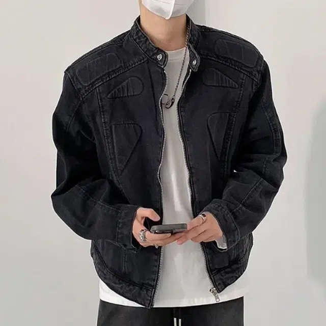 冈哉 美式高街水洗做旧工装宽松休闲痞帅百搭立领拉链牛仔外套 男女同款