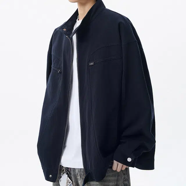 冈哉 解构拼接双拉链工装设计美式复古水洗日常通勤百搭高街风宽松休闲时尚高级感夹克外套 男女同款