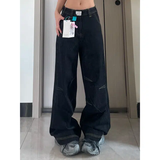 冈哉 美式复古明辑线褶皱小众设计纯色基础款时尚潮流百搭休闲垂感阔腿拖地牛仔裤 男女同款