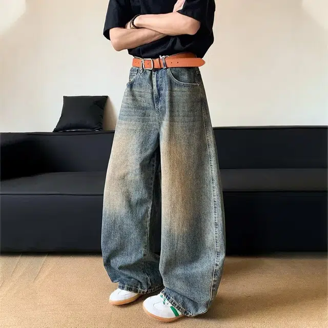 冈哉 美式复古做旧弯刀宽松阔腿设计时尚潮流无性别主义日常通勤户外百搭牛仔裤 男女同款