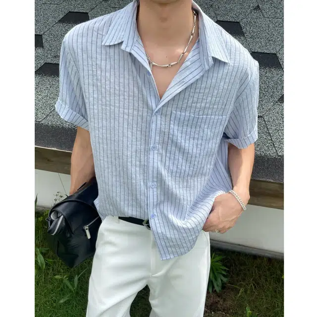 冈哉 美式潮流个性条纹拼接时尚简约舒适基础款痞帅衬衣慵懒风外套上衣宽松翻领短袖衬衫 男女同款